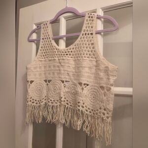 AZ Elegant Crochet Fringe Crop Top in Cream